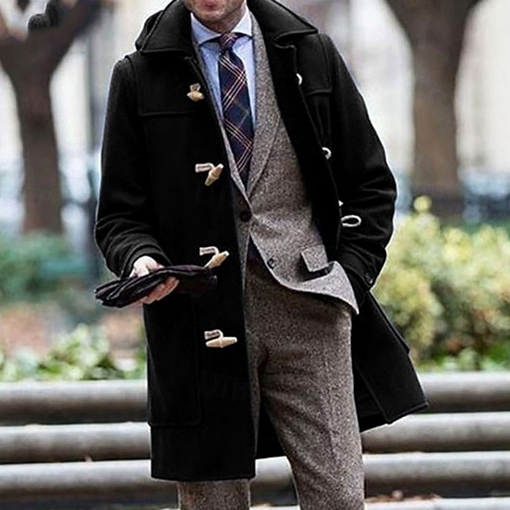 Men's Wool Hooded Toggle-Closure Long Overcoat, Navy Blue - Black