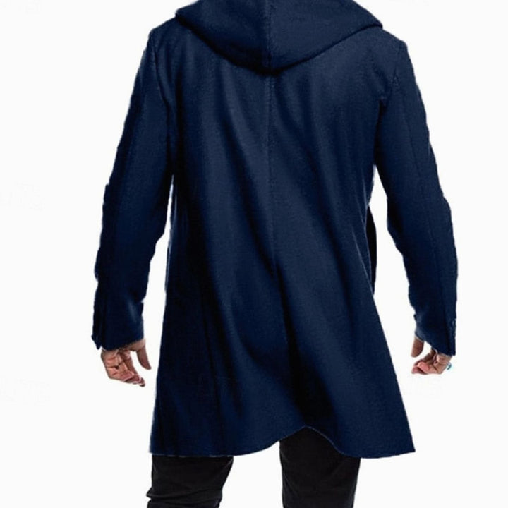Men's Wool Hooded Toggle-Closure Long Overcoat, Navy Blue