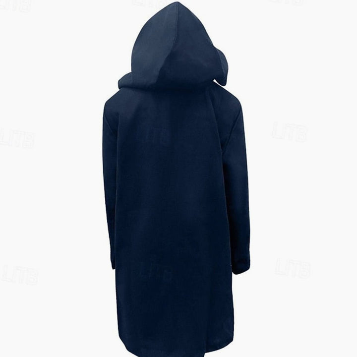 Men's Wool Hooded Toggle-Closure Long Overcoat, Navy Blue