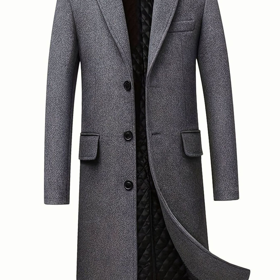 Men's Wool Long Overcoat Quilted-Lined Single-Breasted Topcoat - Grey