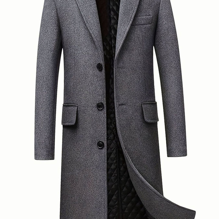 Men's Wool Long Overcoat Quilted-Lined Single-Breasted Topcoat - Grey
