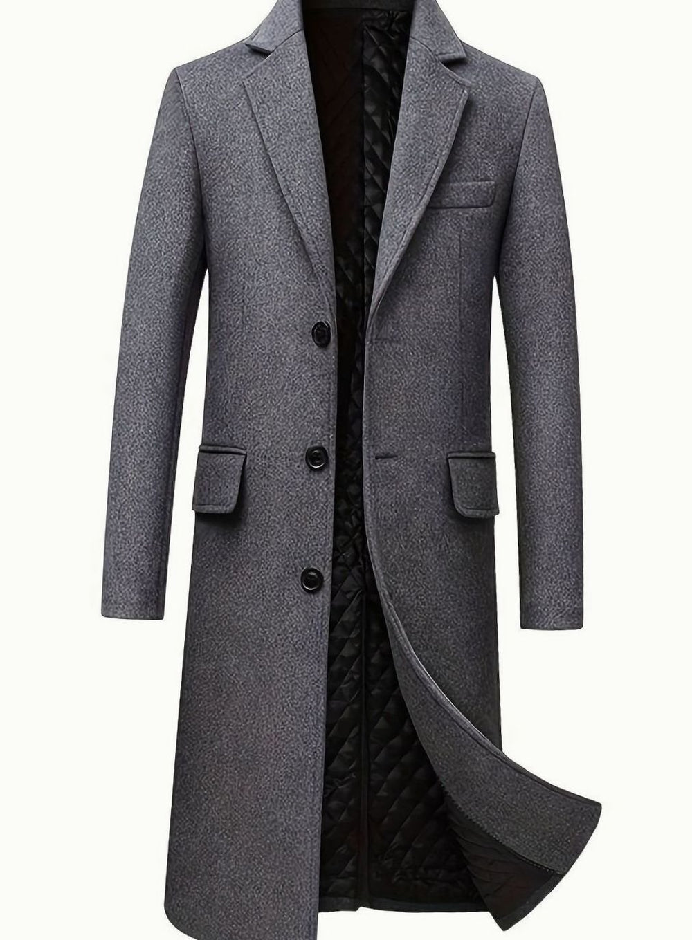 Men's Wool Long Overcoat Quilted-Lined Single-Breasted Topcoat