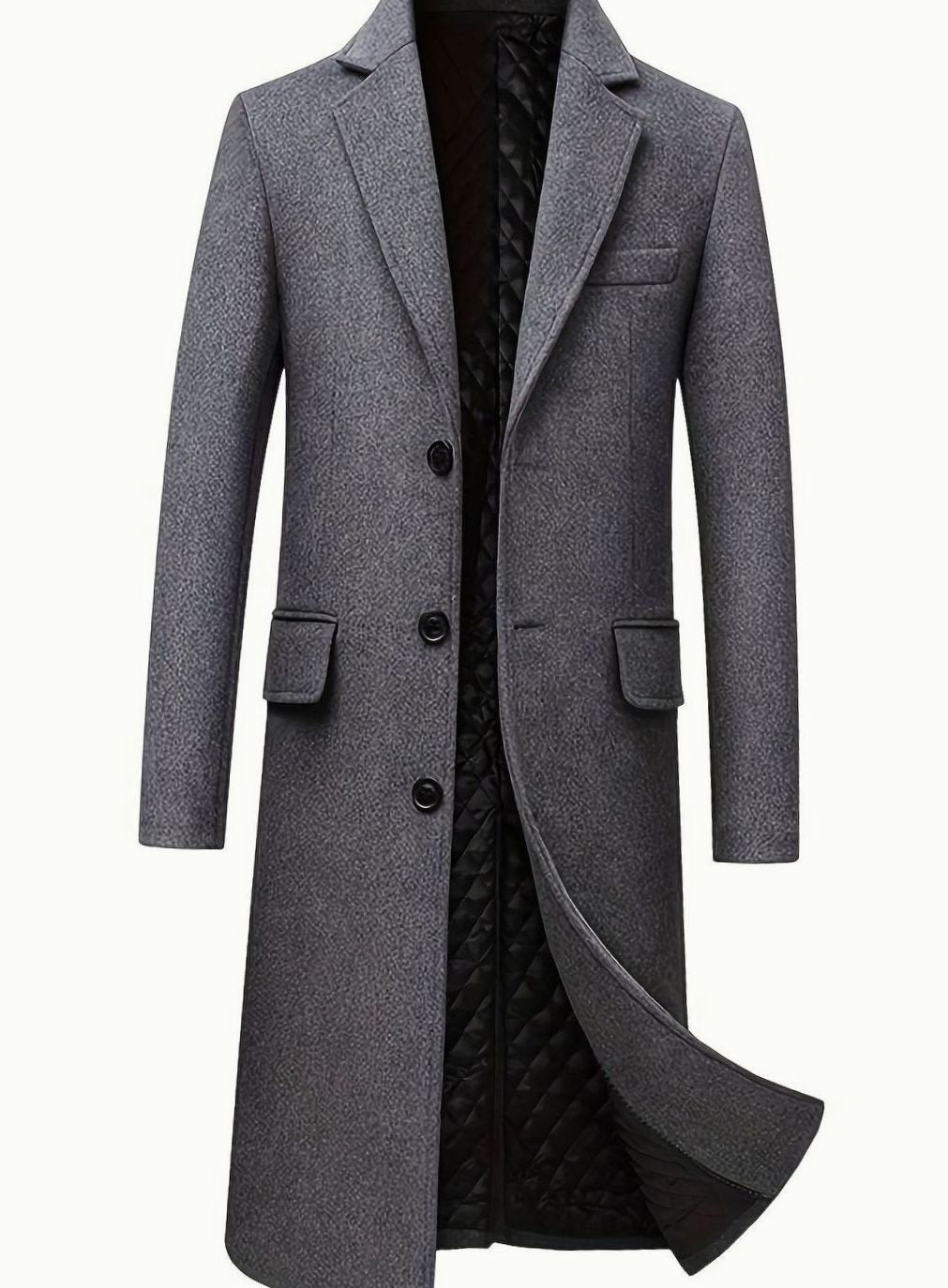 Men's Wool Long Overcoat Quilted-Lined Single-Breasted Topcoat