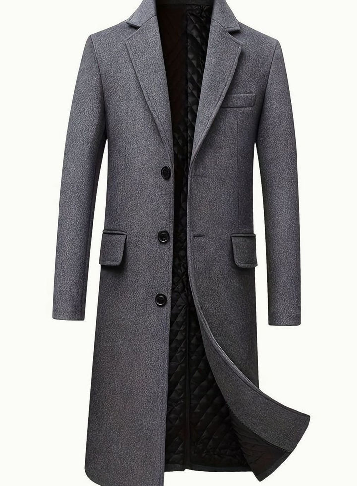 Men's Wool Long Overcoat Quilted-Lined Single-Breasted Topcoat