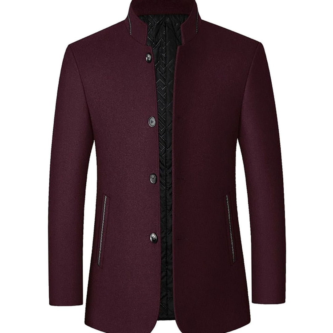 Men's Wool Stand Collar Overcoat Tailored Button-Front Coat - Wine