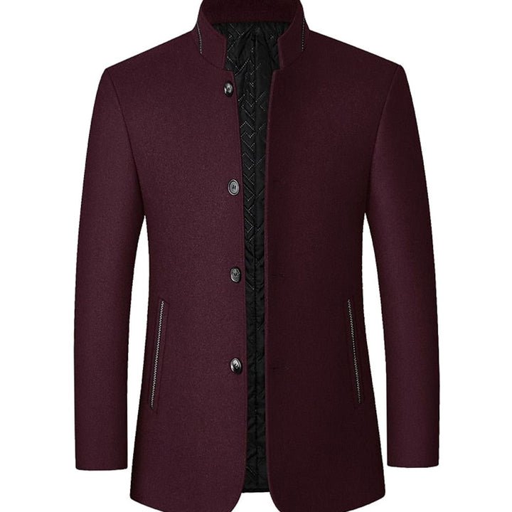 Men's Wool Stand Collar Overcoat Tailored Button-Front Coat - Wine