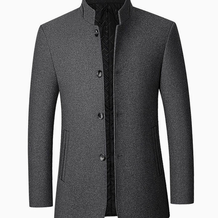 Men's Wool Stand Collar Overcoat Tailored Button-Front Coat - Gray
