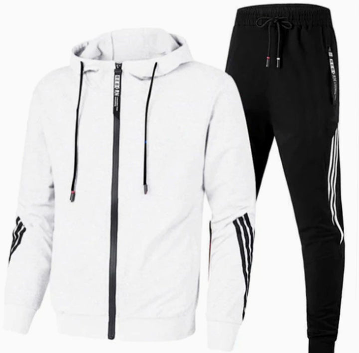 Men's Zip-Up Casual Hoodie Slim Jogger Tracksuit Set - White
