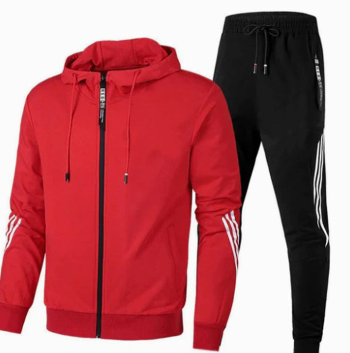 Men's Zip-Up Casual Hoodie Slim Jogger Tracksuit Set - Red