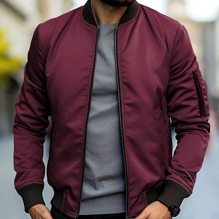 Men's Zip-Up Ribbed-Trim Casual Bomber Jacket - Red