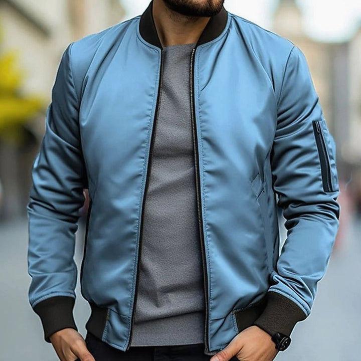 Men's Zip-Up Ribbed-Trim Casual Bomber Jacket - Blue