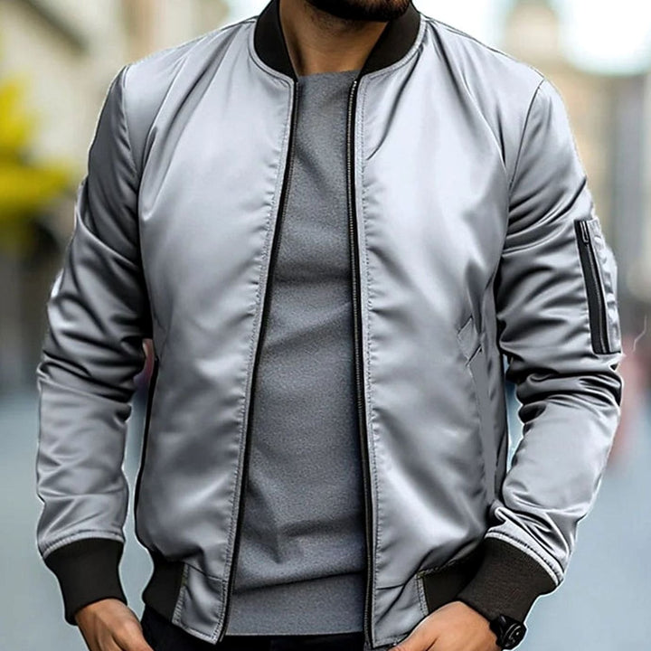 Men's Zip-Up Ribbed-Trim Casual Bomber Jacket - Light Grey