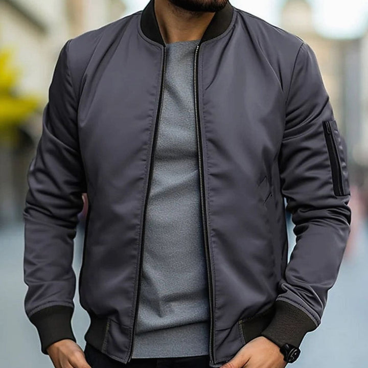 Men's Zip-Up Ribbed-Trim Casual Bomber Jacket - Dark Grey