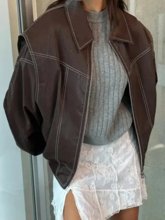 Ingrid | Oversized Leather Bomber Jacket Luvy Boutique