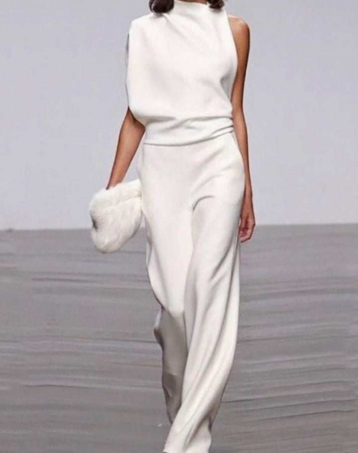 Women's Asymmetric Shoulder High-Neck Wide-Leg Jumpsuit - White