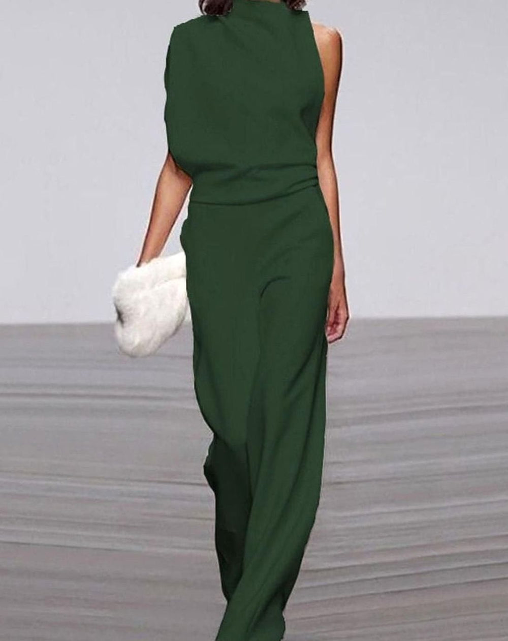Women's Asymmetric Shoulder High-Neck Wide-Leg Jumpsuit - Green