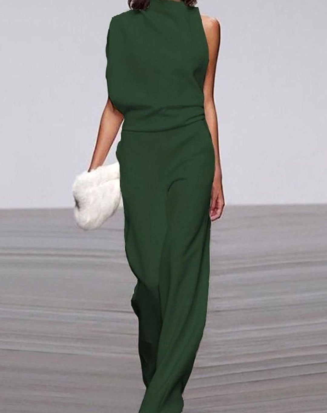 Women's Asymmetric Shoulder High-Neck Wide-Leg Jumpsuit - Green