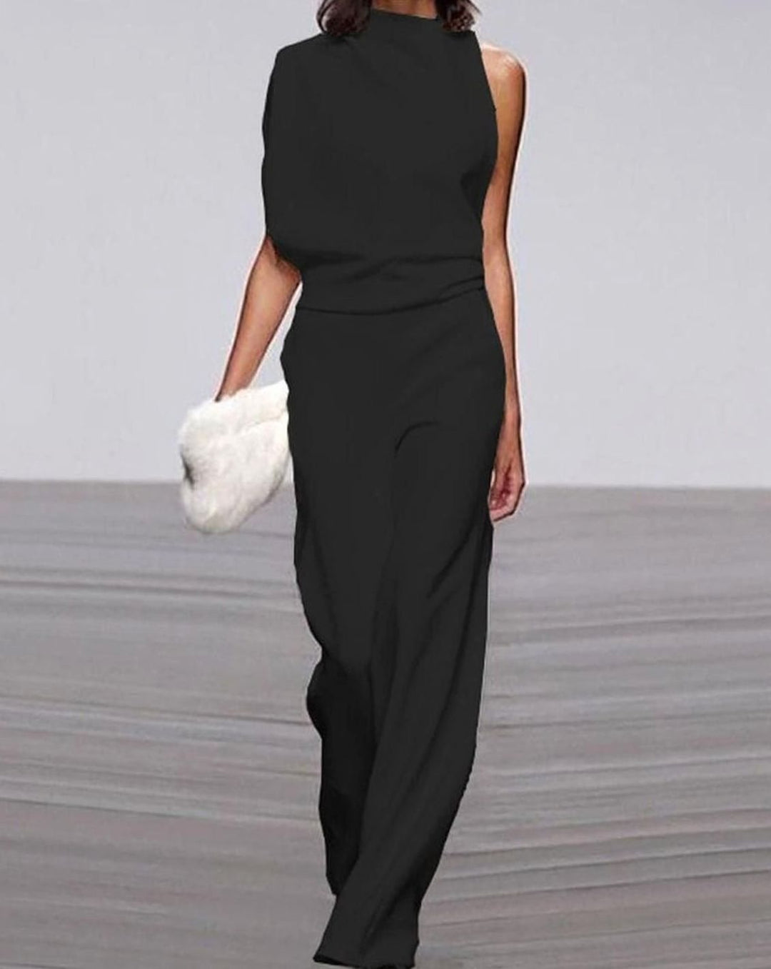 Women's Asymmetric Shoulder High-Neck Wide-Leg Jumpsuit - Black