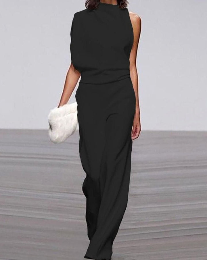 Women's Asymmetric Shoulder High-Neck Wide-Leg Jumpsuit - Black