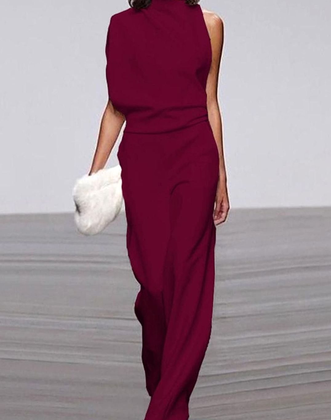Women's Asymmetric Shoulder High-Neck Wide-Leg Jumpsuit - Dark Red