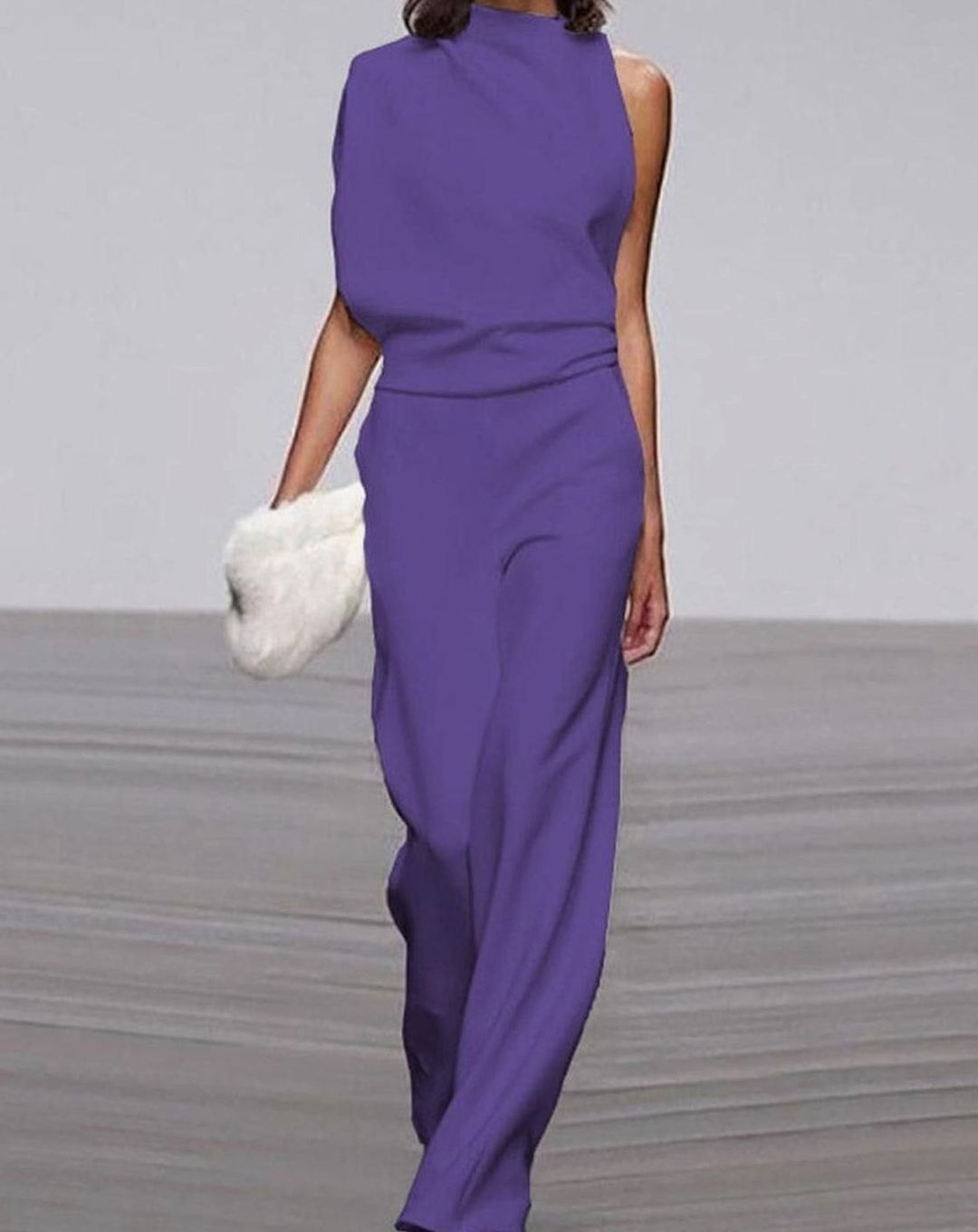 Women's Asymmetric Shoulder High-Neck Wide-Leg Jumpsuit - Purple