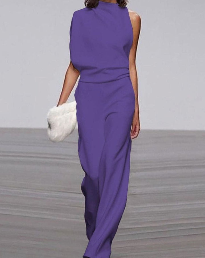 Women's Asymmetric Shoulder High-Neck Wide-Leg Jumpsuit - Purple