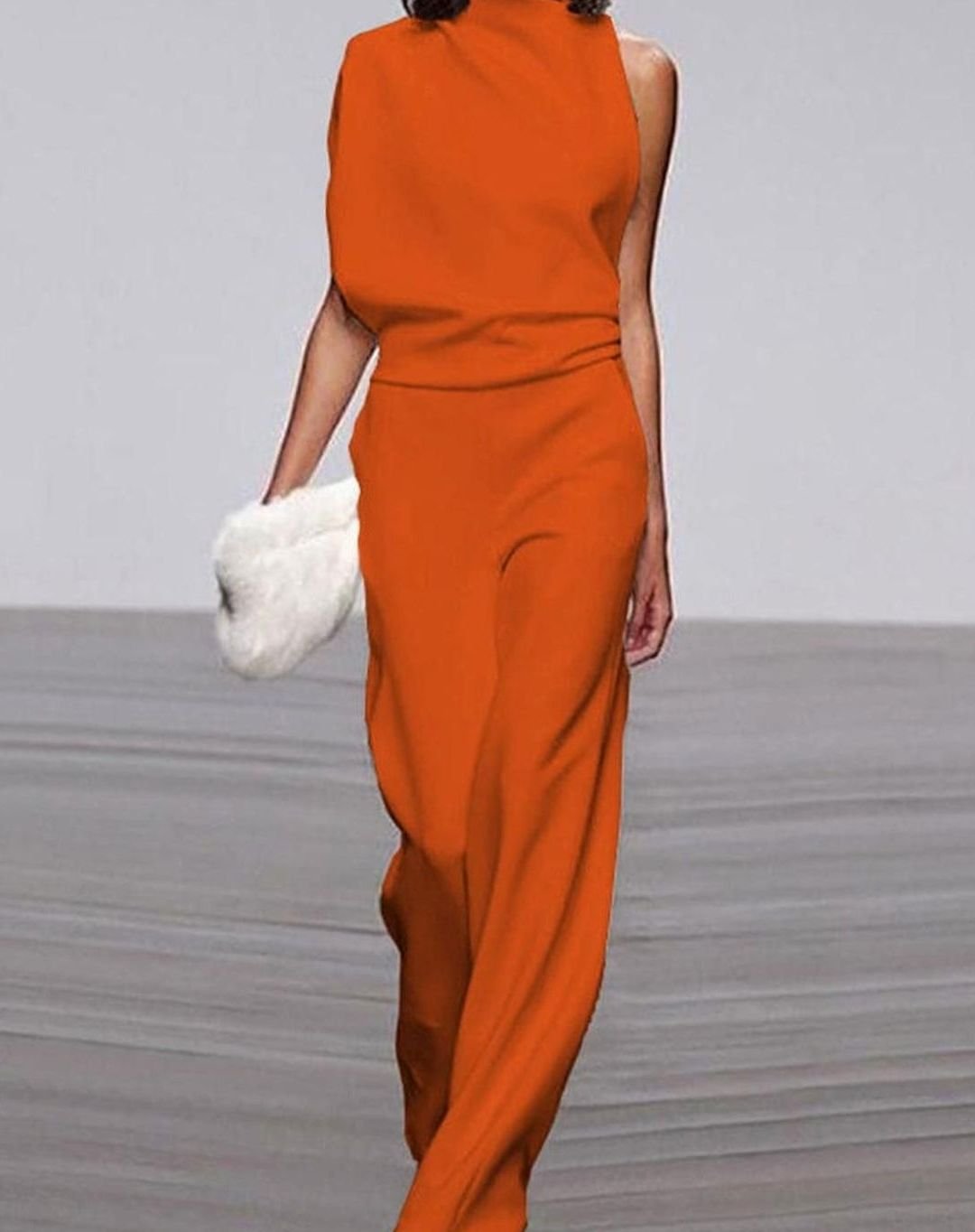 Women's Asymmetric Shoulder High-Neck Wide-Leg Jumpsuit - Orange