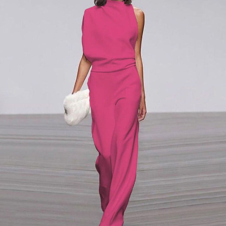 Women's Asymmetric Shoulder High-Neck Wide-Leg Jumpsuit - Fuchsia
