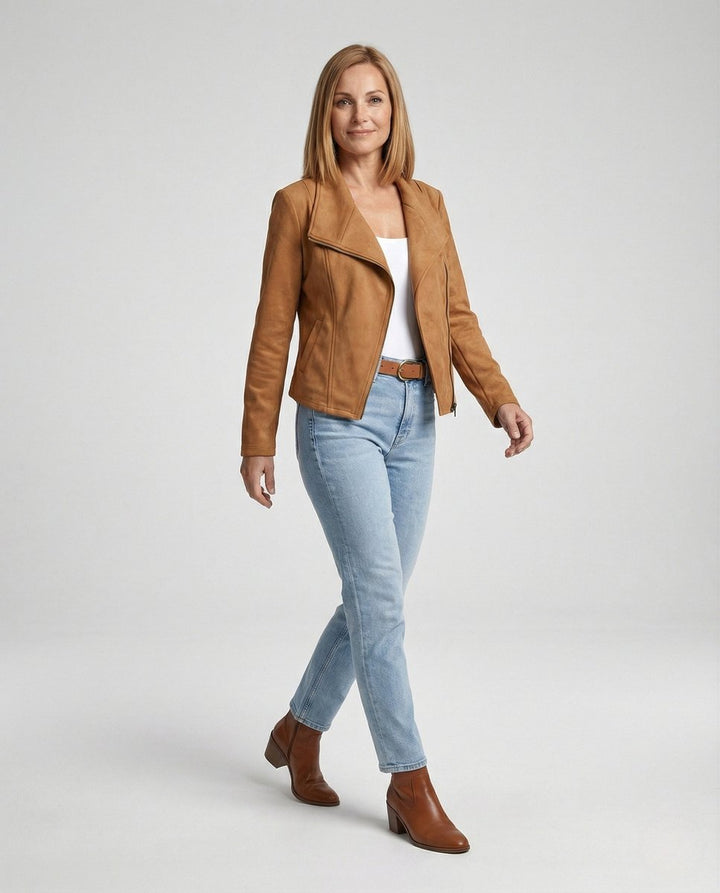 Women's Asymmetric-Zip Tailored Suede-Look Biker Leather Jacket