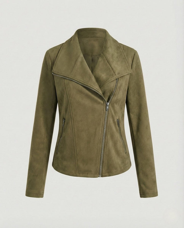 Women's Asymmetric-Zip Tailored Suede-Look Biker Leather Jacket