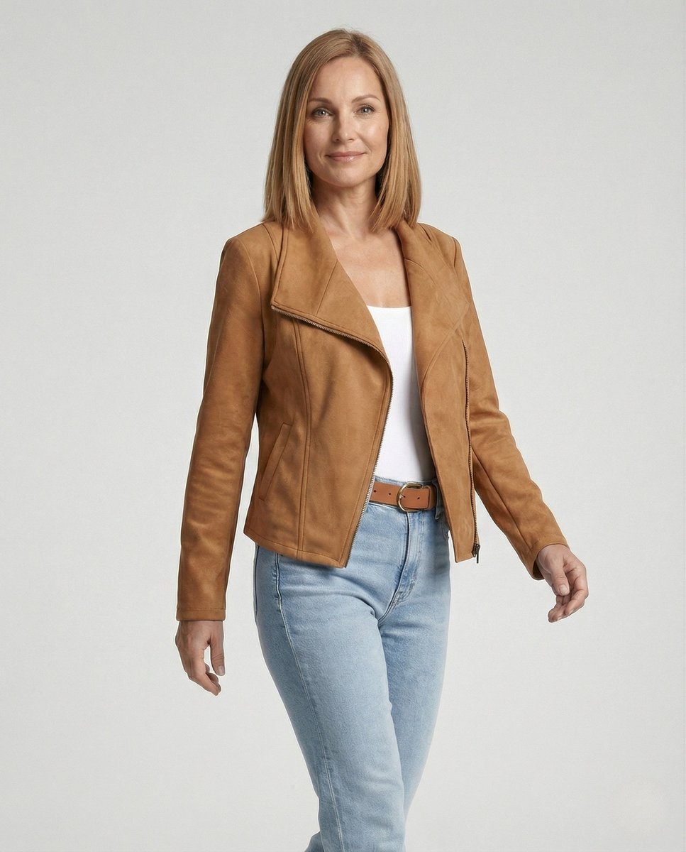 Women's Asymmetric-Zip Tailored Suede-Look Biker Leather Jacket