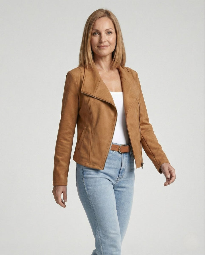 Women's Asymmetric-Zip Tailored Suede-Look Biker Leather Jacket