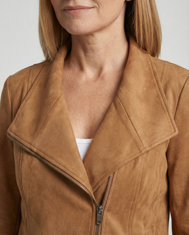 Women's Asymmetric-Zip Tailored Suede-Look Biker Leather Jacket
