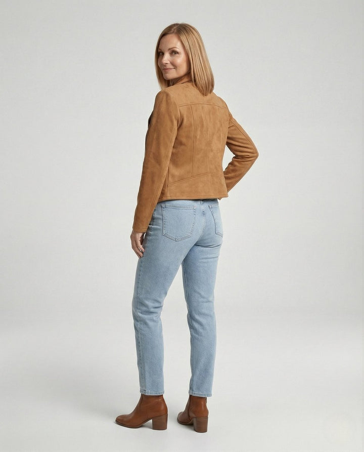 Women's Asymmetric-Zip Tailored Suede-Look Biker Leather Jacket