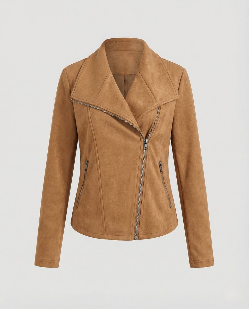 Women's Asymmetric-Zip Tailored Suede-Look Biker Leather Jacket