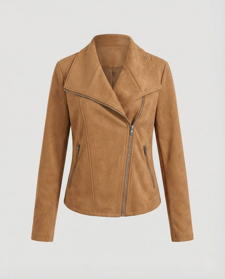Women's Asymmetric-Zip Tailored Suede-Look Biker Leather Jacket