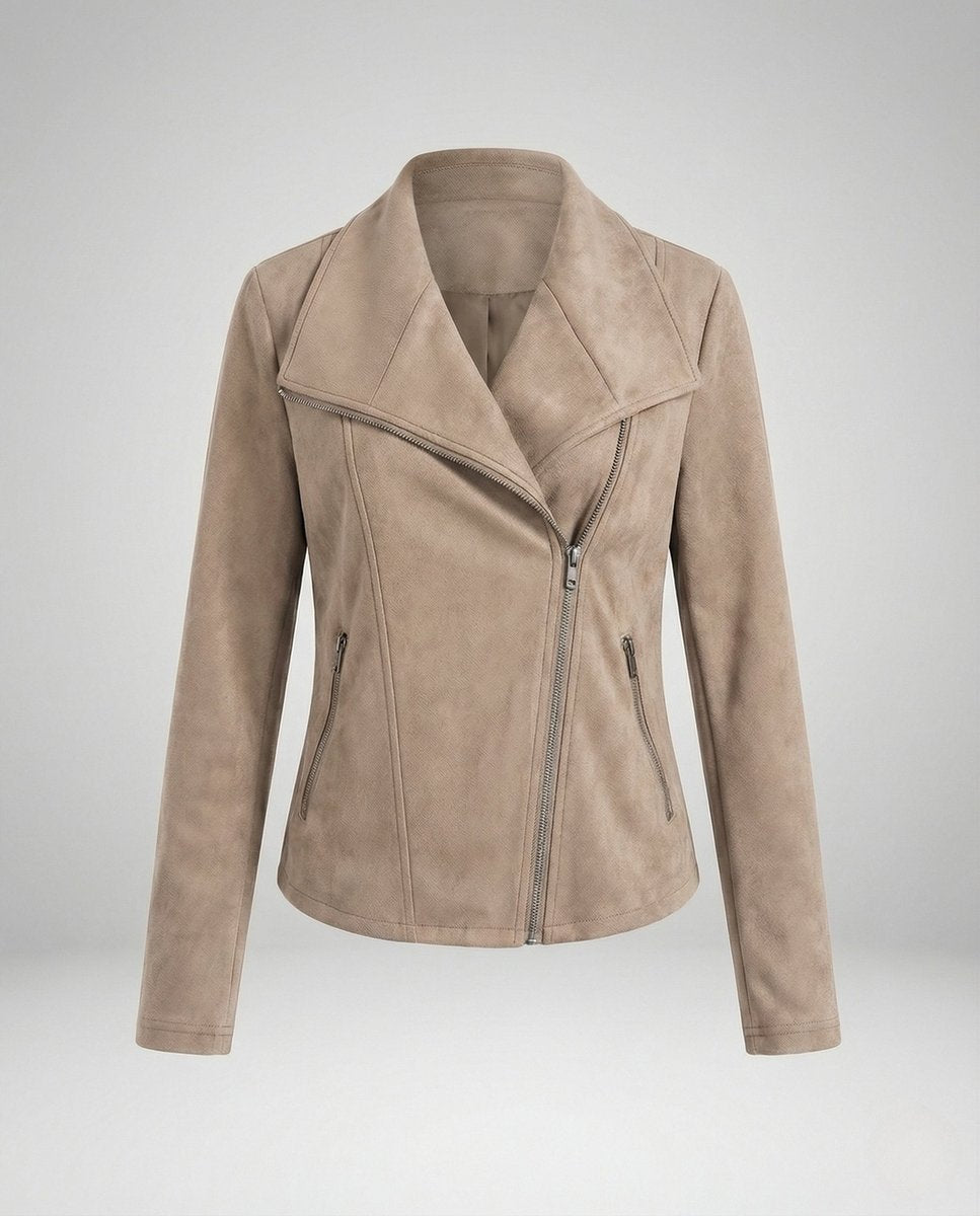 Women's Asymmetric-Zip Tailored Suede-Look Biker Leather Jacket - Apricot