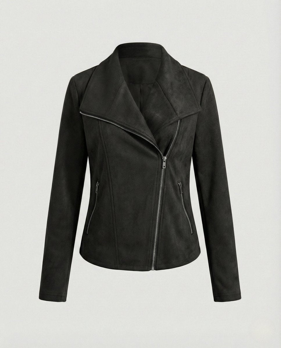 Women's Asymmetric-Zip Tailored Suede-Look Biker Leather Jacket - Black