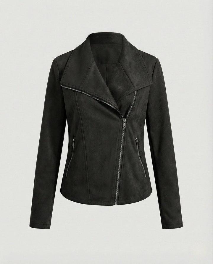 Women's Asymmetric-Zip Tailored Suede-Look Biker Leather Jacket - Black