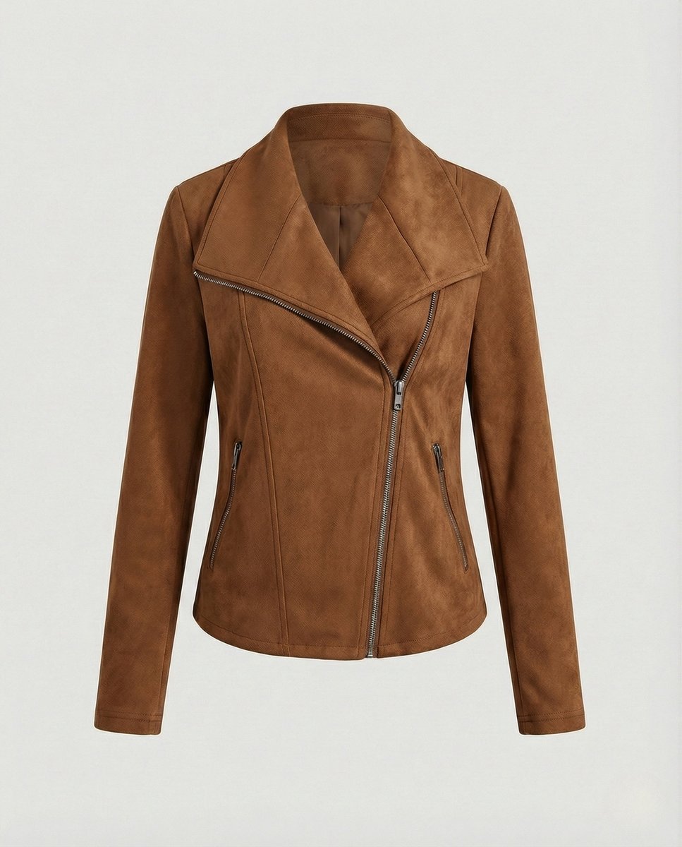 Women's Asymmetric-Zip Tailored Suede-Look Biker Leather Jacket - Camel