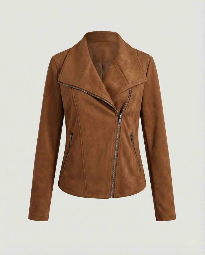 Women's Asymmetric-Zip Tailored Suede-Look Biker Leather Jacket - Camel