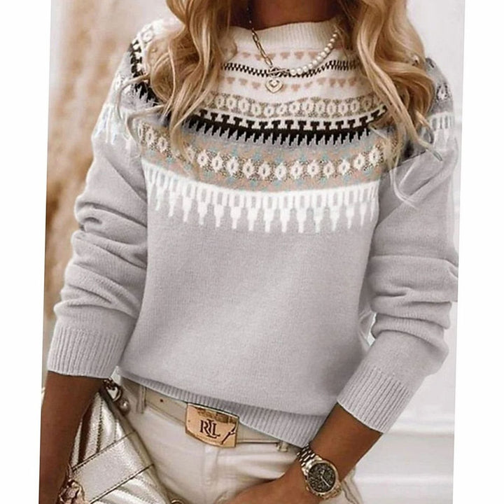 Women's Aztec Patterned Crew-Neck Knit Sweater - Light Grey