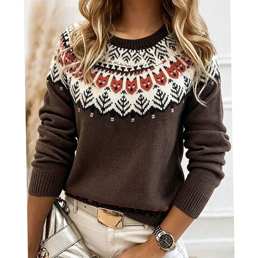 Women's Aztec Patterned Crew-Neck Knit Sweater - Brown