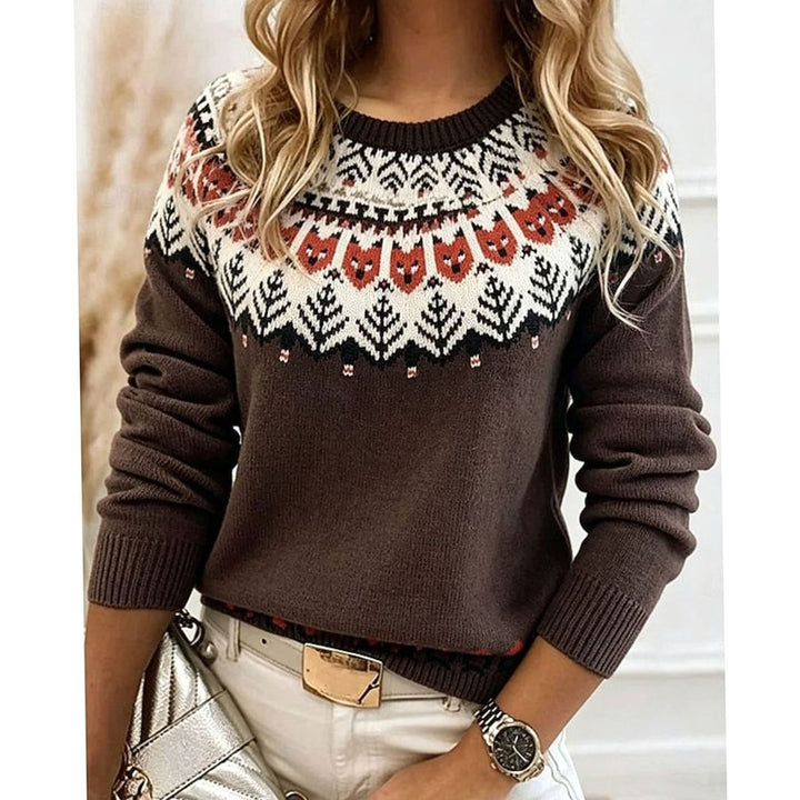 Women's Aztec Patterned Crew-Neck Knit Sweater - Brown