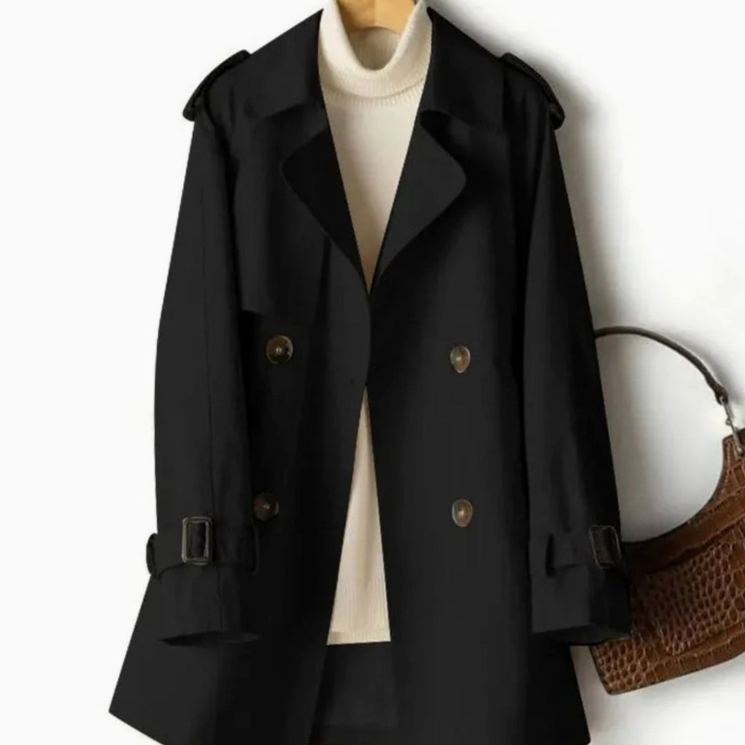 Women's Belted Double-Breasted Trench Coat Epaulette Lapel - Black