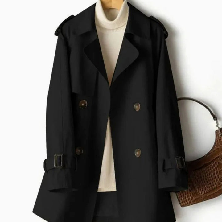 Women's Belted Double-Breasted Trench Coat Epaulette Lapel - Black