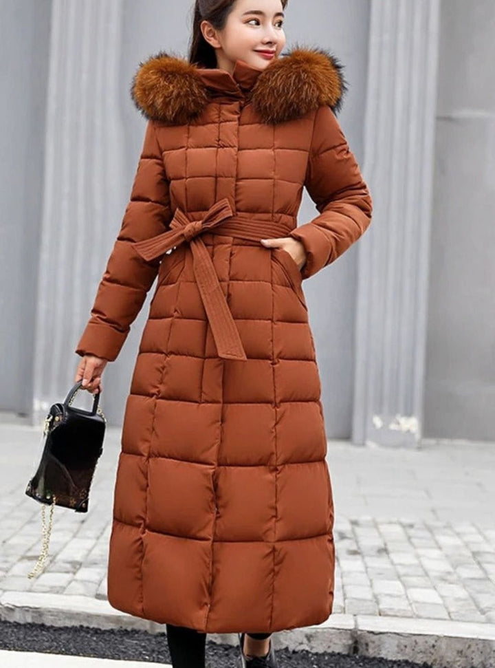 Women's Belted Long Quilted Fur-Hood Puffer Coat - Caramel