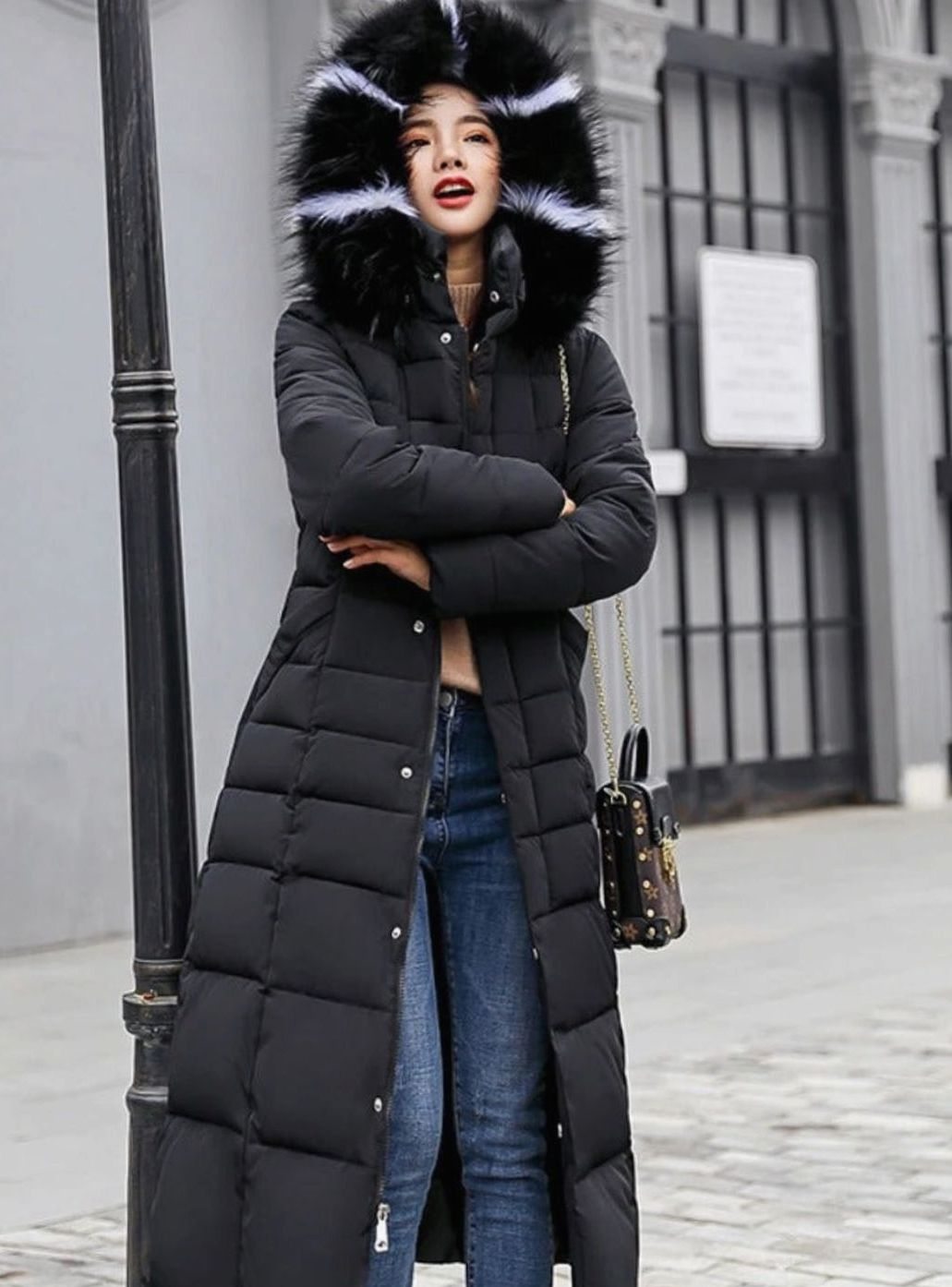 Women's Belted Long Quilted Fur-Hood Puffer Coat - Black