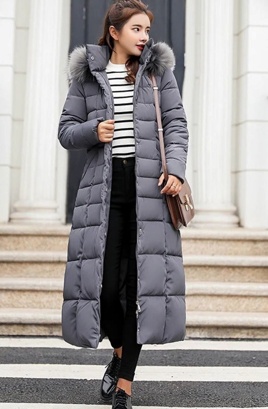 Women's Belted Long Quilted Fur-Hood Puffer Coat - Dark Grey