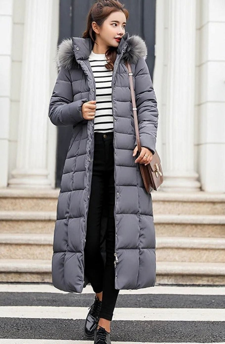 Women's Belted Long Quilted Fur-Hood Puffer Coat - Dark Grey